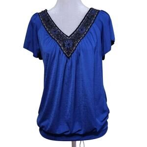 Vintage Wrapper Short Sleeve Blouse Women's Size M Blue Embellished V-neck Boho